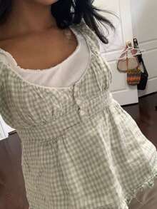 Women's Y2K Fairy Grunge Short-Sleeved Cute Tops Solid Color/Check Low-Necked Pleated Hem Casual Crop Tops Trim Scoop Neck Button-Up Blouse Babydoll T Shirt Summer Going Out Tops Streetwear - 綠色 - 查看 3