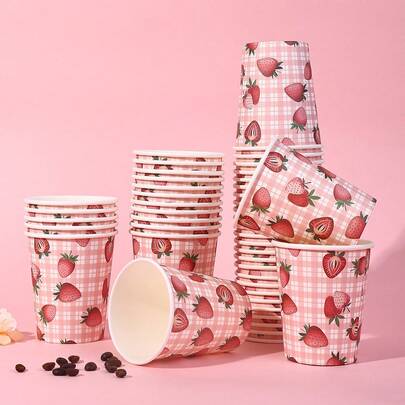 10 piezas/20 piezas/40 piezas, Vasos de papel desechables con diseño de fresa, vasos para bebidas calientes y frías de 9 onzas en color rosa y rojo para fiestas de baby shower, primer cumpleaños con temática de fresas, decoraciones de fresa para fiestas