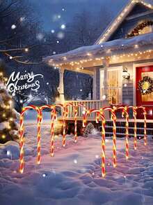 10-In-1 Solar Powered Christmas Candy Cane Lights - 5/8/10 Pcs Set, 8 Flashing Modes, Holiday Red & White Striped Design, Auto Charging Under Sunlight, Auto Lighting At Night, Warm White LED Outdoor Decor, Outdoor Holiday Decoration, Christmas Ground Stake Lights, Star-Shaped Design, Ideal For Holiday Gifts, Holiday Decor, Outdoor Lighting