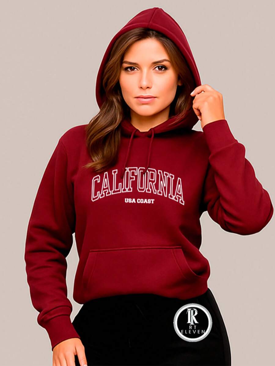 Women's Cold Weather Sweatshirt In Various Colors With California USA Print Fast Shipping Blouse With Pocket And Hood - 紅木色 - 查看 1