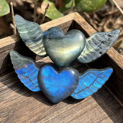 1pc Natural Crystal Heart Wing Carving, Labradorite Stone & Rose Quartz, Solid, Unscented, Gemstone Crystal, For Home Decoration, Holiday Gifts