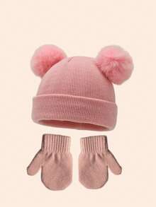 2件套可爱针织毛球婴儿帽和加厚保暖护耳帽套装，包含儿童手套和帽子，适合1-3岁幼儿，冬季适用 - 多色 - 查看 19