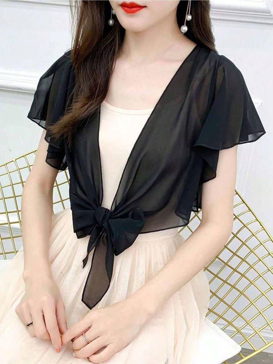 1 件夏季雪纺开衫披肩轻质短款披肩短上衣，百搭吊带裙