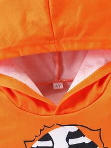 2 件套年轻男孩休闲骷髅印花长袖连帽衫和裤子套装，适合休闲、运动、日常穿着、户外、学校、春秋季 - 橘色 - 查看 4