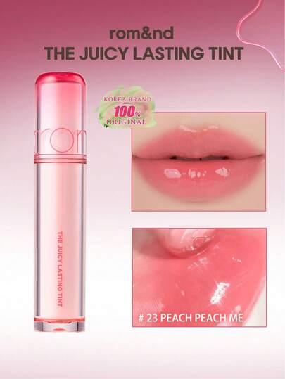 Rom&nd Tinte de labios duradero Romand Peach 23 Peach Peach, textura de gelatina, brillo hidratante, no pegajoso, apilable, ligero y de larga duración, aplicador con forma de corazón en ángulo, de bolsillo, acabado instantáneamente radiante, maquillaje de oficina de 5 segundos, cosméticos coreanos, 3.5g/0.12oz