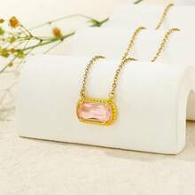 Birthstone Necklace For Women 14k Gold Plated Preppy Oval Stone Necklaces   Pendant Necklaces Birthday Gifts For Women Mom Wife Friends-307968 - 十月粉紅 - 查看 8