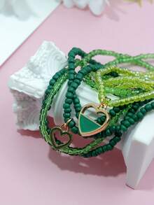 9件装绿色种子珠心形吊坠手链套装，适合日常佩戴，沙特国庆节节日礼物 - 綠色 - 查看 5