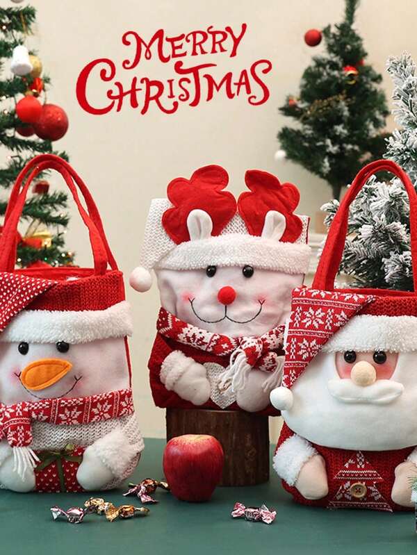 1 pièce Sac fourre-tout cadeau thème Noël avec design de dessin animé festif - Père Noël, bonhomme de neige, renne - Sac à bonbons et pommes festifs avec rabat et fermeture, parfait pour la décoration de fête de Noël, sac cadeau de Noël, sac à bonbons de Noël mignon en tricot pour la décoration de fête de Noël