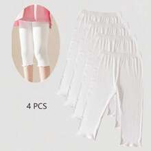 4 Pairs Summer Girls/Kids/Infants Ruffle Edge Capri Leggings, White/Gray/Black/Pink Solid Colors, Thin 3/4 Length Pants, Casual Cute Fashion, Soft & Comfortable Bottoms, Suitable For Daily Wear, Can Be Paired With Tops Or Skirts