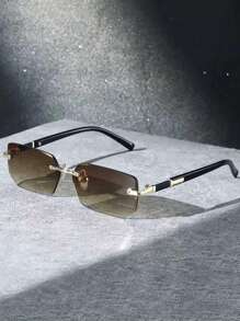 1 pieza Montura de gafas de moda para hombres, diseño rectangular sin marco, material de metal de lujo, estilo retro, accesorio esencial para usuarios, versátil y clásico