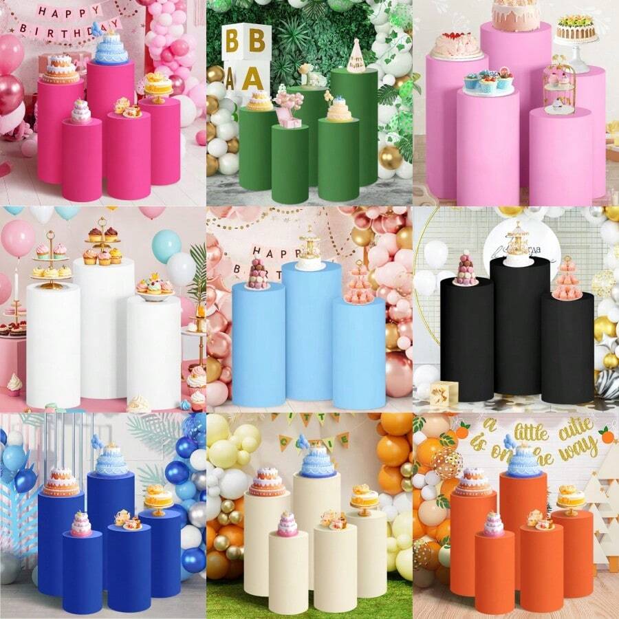 Conjunto de 3 capas para pedestal de cilindro em 9 cores, capas para pedestal de cilindro em elastano para decoração de festas, casamentos ou aniversários - Contém apenas capas para cilindro (90*40 cm/75*36 cm/60*33 cm)