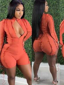 Women's Fashion Sexy Patchwork Solid Color Drawstring Long Sleeved Jumpsuit - 橘色 - 查看 1