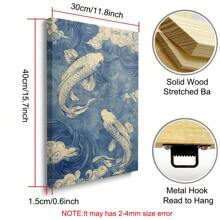 1pc Unframed/Framed Blue Japanese Koi Fish Vintage Art Canvas Poster Print Japandi Wall Art Retro Painting Aesthetic Minimalist Picture For Living Room,College Room,Apartment,Bedroom,Modern Home Decoration