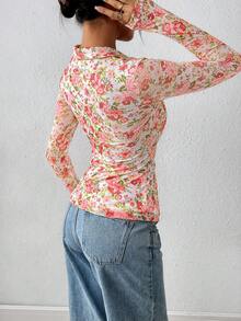 Women Button Down Floral Shirts  Fall Long Sleeve V Neck Ruched Fitted Mesh Blouse Tops Date Outfits Valentine's Day Vacation Fall Clothes For Women - Pink Flowers On White Background - View 2