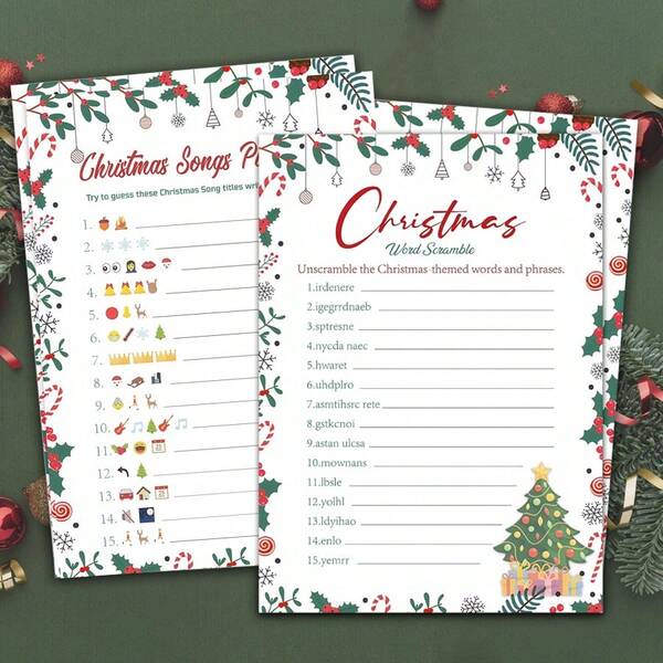 21pcs 5x7 Inch Double-Sided Christmas Party Games | Word Spelling And Carol Symbol Quiz | Ideal For 20 People Families, Teachers, Offices And Group Activities | Includes Answer Cards