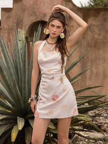 Faeriesty BohoBloom Women's Off-Shoulder Ruffle Dress, Adjustable Tie-Back: Perfect For Casual Outings, Relaxed Street Strolls, Weekend Social Gatherings, And Fashionable Urban Adventures. - Pink - View 10