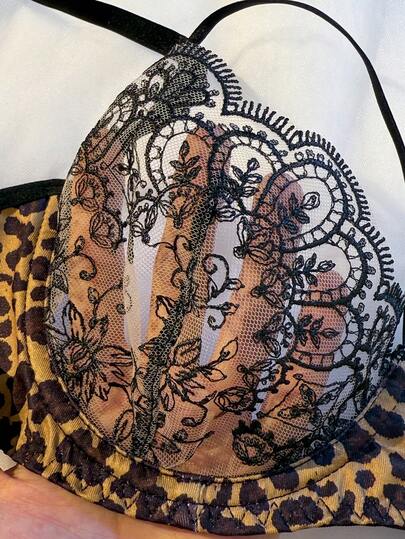 Zwart Leopard Print Kanten Verleidelijke Lingerie Set, Semi Transparent Bloemen BH Thong, Adjustable Shoulder Strap Home view 6