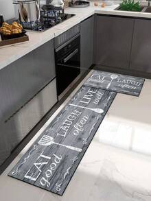 1 pezzo Zerbino serie blu, con lettere inglesi e motivi di utensili da cucina, bordo rettangolare floreale con stile vintage - tappeto per corridoio, semplice e liscio, stile caldo e rustico, tappetino in diatomite spesso circa 3 mm in morbida gomma, adatto per cucina, bagno, ingresso, lavanderia, studio, soggiorno, decorazione per casa e stanza