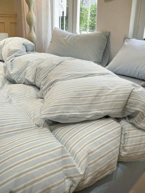 3pcs Thickened Polyester Simple Plaid Striped Print Bedding Set, Suitable For Boys, Girls, Dorm, Bedroom, Zipper Closure, All Season, Soft & Breathable (1 Duvet Cover, 2 Pillow Shams, No Filler)