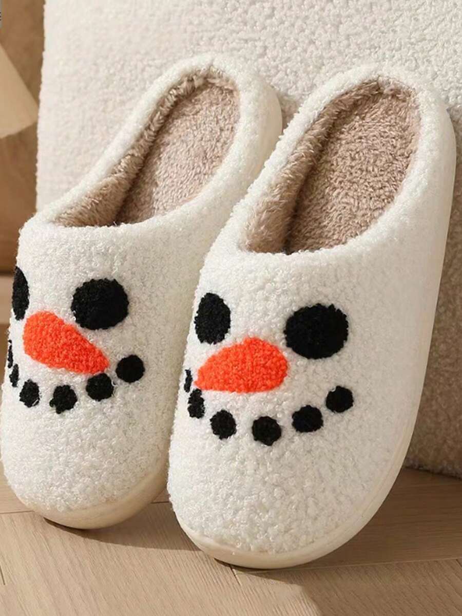 Pantuflas de mujer con diseño bordado de muñeco de nieve navideño, de punta cerrada, tacón plano, estilo lindo, para uso en interiores, invierno, material de borreguito sintético, diseño de pareja, cálidas