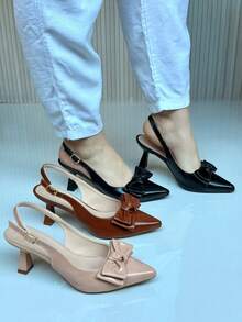 Women's Slingback Pumps, Medium Heel, Pointed Toe With Bow – Black, Caramel And Nude – Elegant And Comfortable - Khỏa thân - Xem 7