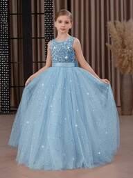 Tween Mädchen Pailletten 3D Schleife Tüll Partykleid, elegantes blaues Weihnachtsparty Prinzessinnenkleid, geeignet für Tween Mädchen Geburtstagsfeiern, Abschlussball, Hochzeit Brautjungfer, Erntedankfest, Abschluss