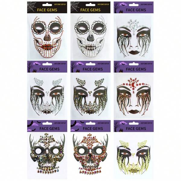 1 Glittering Diamond Face Sticker - Halloween And Day Of The Dead Design Abs Material Glitter Decal, Very Suitable For Parties, Masquerade Balls, Halloween, Vibrant Gem Designs