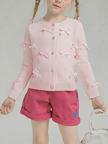 Girls' Cute Solid Color Knitted Cardigan With Bow, Casual Round Neck Long Sleeve Sweater Jacket, Autumn/Winter - Baby Pink - View 2