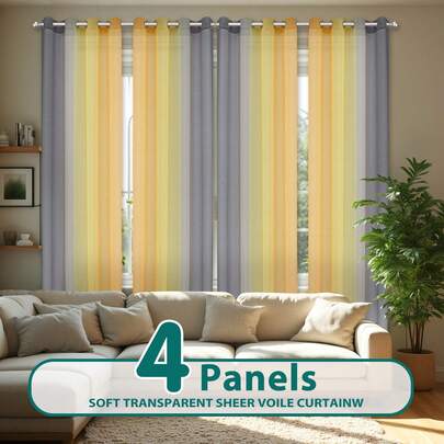 4 Panels Yellow Sheer Curtains 63 Inch Length For Dining Room,Ombre Rainbow Summer Curtains For Living Room Decor Bedroom With Grommet,Yellow And Grey