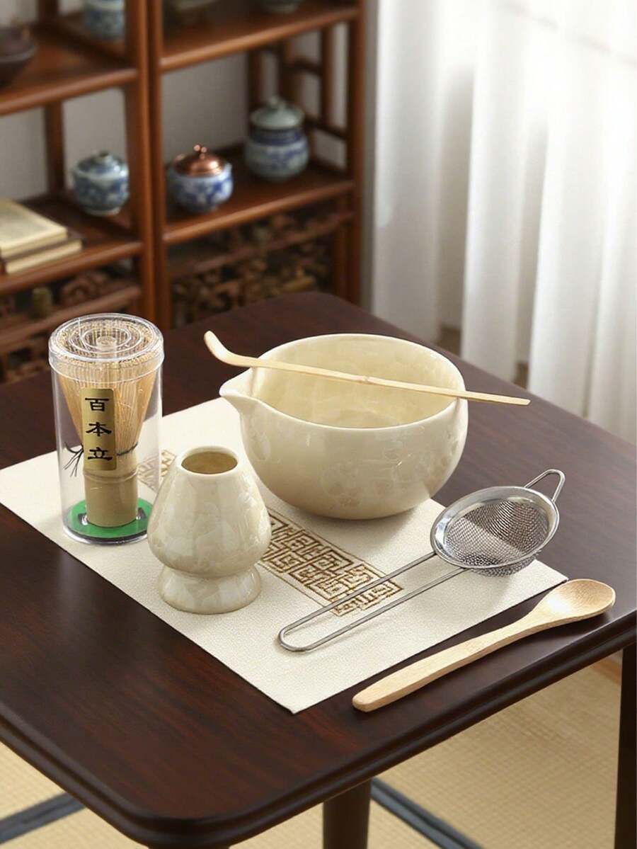 1 Set/4-6 Pcs Japanese Minimalist Ceramic Tea Set, Includes Matcha Whisk, Tea Bowl, Tea Spoon, Traditional Matcha Tea Ceremony Utensils, Home/Tea Room Tea Making Tools, Elegant Tea Art Gift