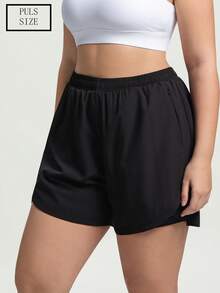 1pc Plus Size Women's Shorts, 2-In-1 Solid Color Lining 2 In 1 Sports Pants, Elastic Waist Two Pieces Set, Suitable For Running, Sports, Yoga, Fitness In Summer Black - Black - View 3