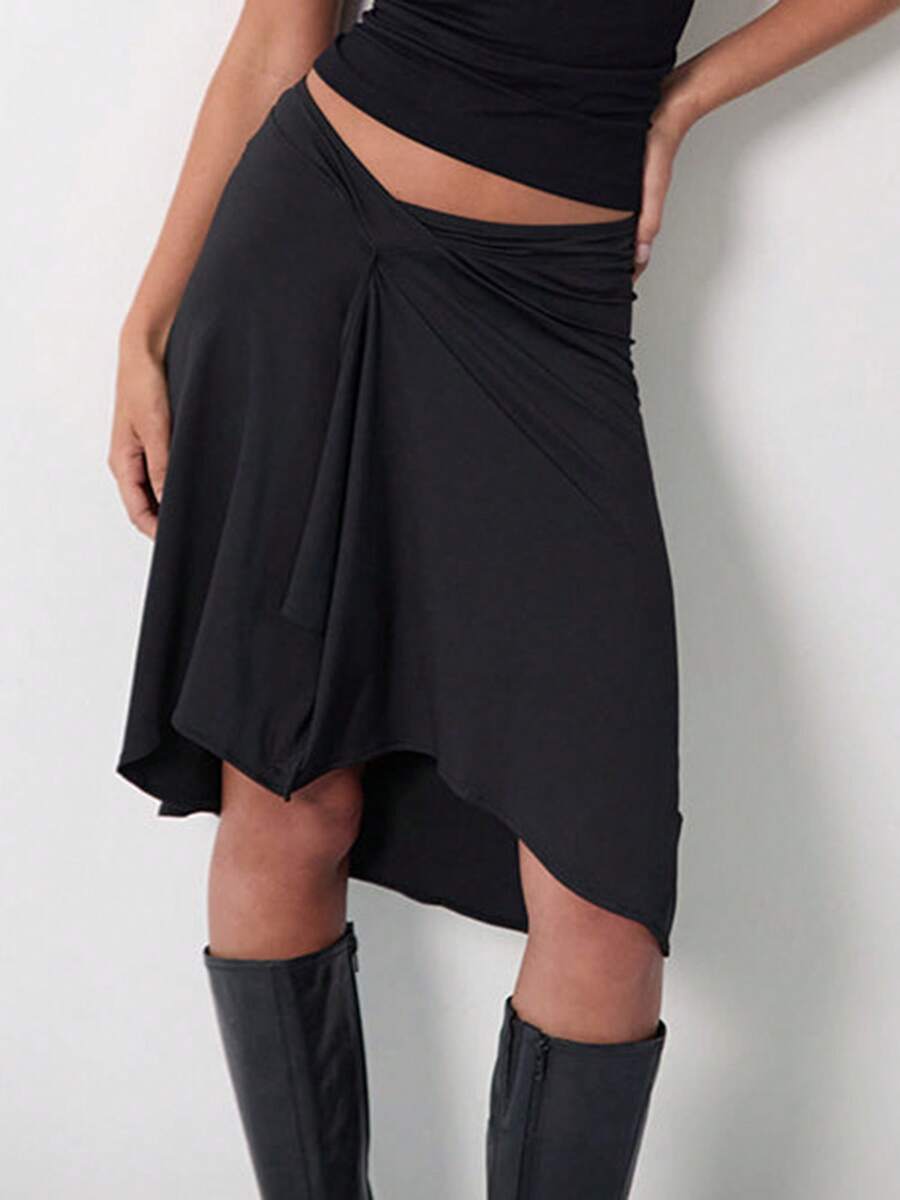 Women Y2k Low Rise Striped Maxi Skirt Asymmetrical Low Waist Ruffle Long Skirts Vintage Coquette A-Line Skirt - màu đen - Xem 1