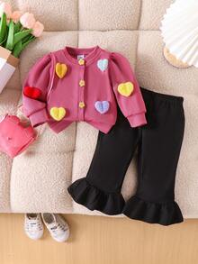 2 件套女婴甜心针织开衫和喇叭裤套装，春秋 - 玫紅色 - 查看 1