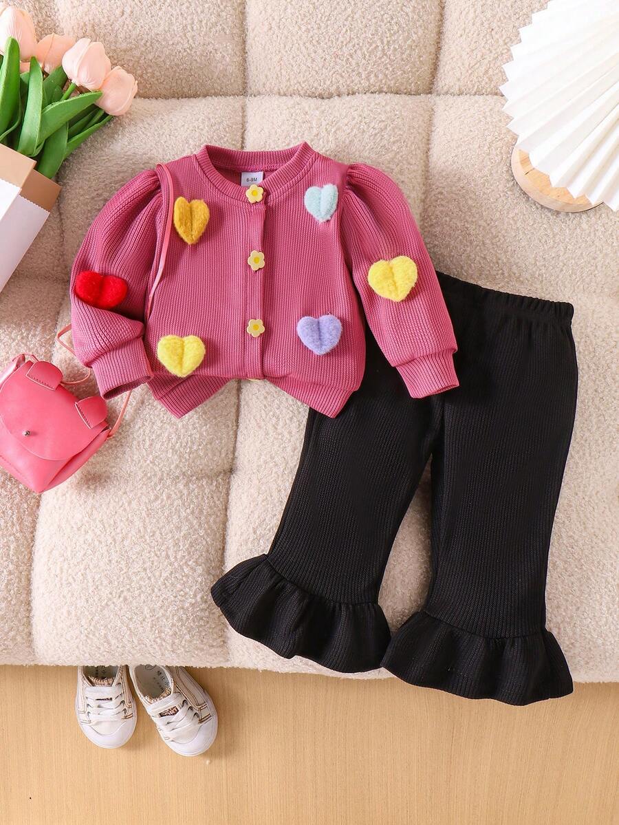 2 件套女婴甜心针织开衫和喇叭裤套装，春秋 - 玫紅色 - 查看 1