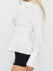 Women Y2k Solid Button Down Shirt Collared Long Sleeve Cinched Waist Blouse Slim Fit Shirred Ruffle Tops Babydoll Tees - 白色 - 查看 4
