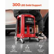 Rolling Mechanic Stool With Wheels, 300 Lbs Capacity Garage Seat/Work Stool, Padded Roller Creeper Seat With Fixed Height, Tool Tray And 2 Drawers, For Garage, Shop & Auto Repair, Red+Black - Soft cushion with 2 drawers + 1 tray - 查看 6