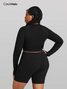 Plus Size High Waist Cropped Sports Top - Round Neck, Cloud-Soft 4-Way Stretch Fabric, Shaping Waist, Breathable & Non-Restrictive, Suitable For Autumn/Winter Fitness, Yoga, Casual Wear, Women's Sports T-Shirt, Slim Fit, Full Size Range - Black - View 3