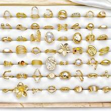 Juego de 15 anillos con diseño geométrico asimétrico, textura, formas líquidas, corazón, gota de agua, cruce, multicapa, minimalista, círculo liso, onda, estilo de metal, diseño elegante y vintage, adecuado para vacaciones, fiestas, citas, regalos, uso diario - Juego de anillos de flores - Ver 2