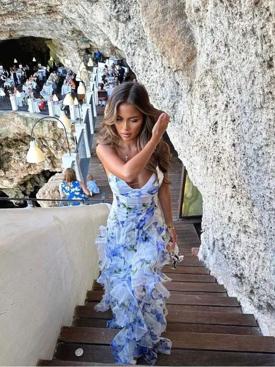 New Women's Off-Shoulder Chiffon Print Long Dress, Fashionable And Flowing, Suitable For Evening Parties, Daily Wear, Beach Vacations, And Other Occasions. - Màu xanh lam - Xem 1