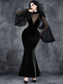 Robe de fête pour femme style gothique sexy, sombre et romantique, thème Halloween sorcière, manches longues transparentes, jeu de rôle mariée fantôme, mariage sombre, empiècement dentelle et velours, coupe sirène - Noir - Voir 7