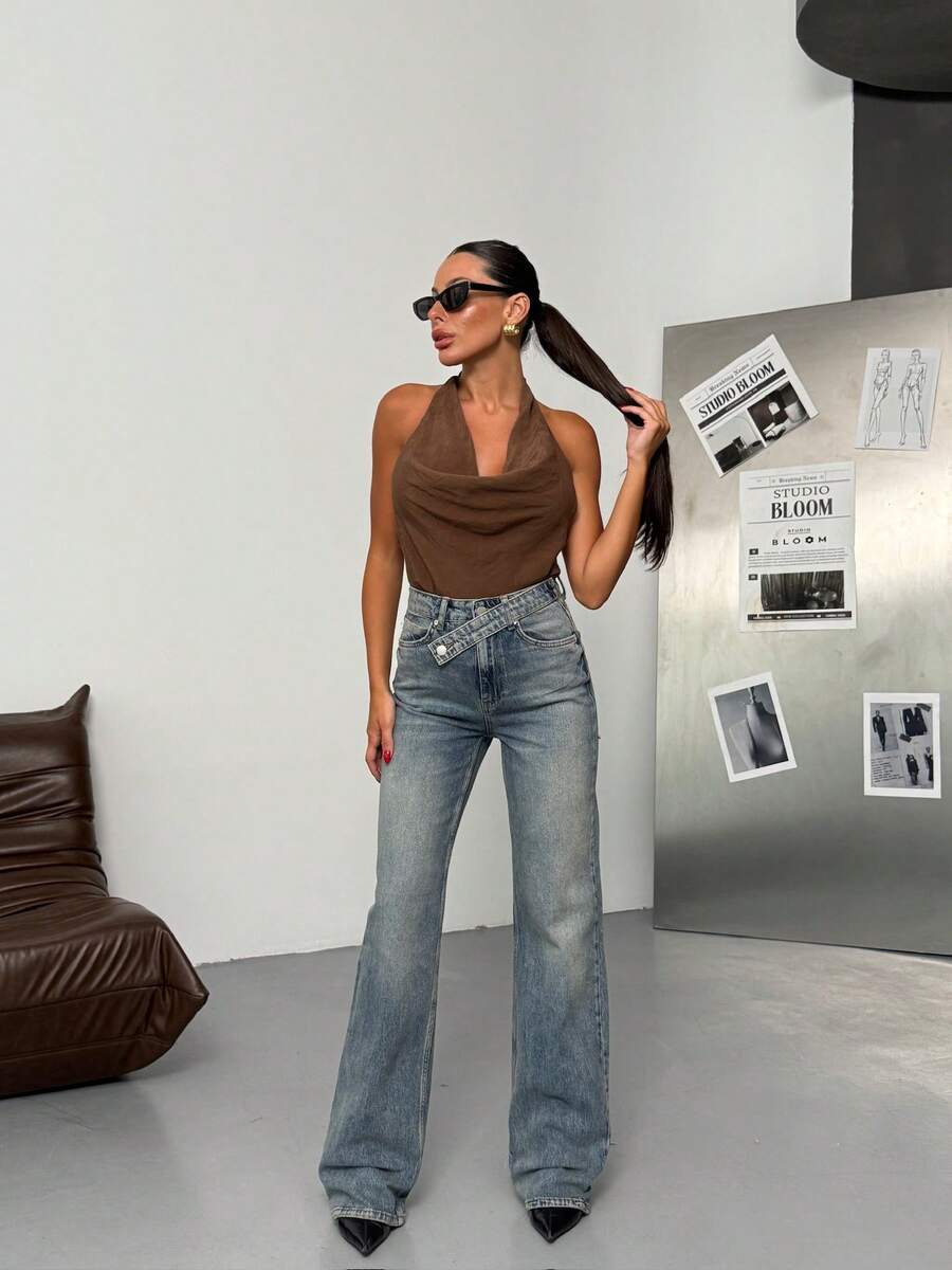 SQUALO Dark Blue Denim Pants With Double Button Detail