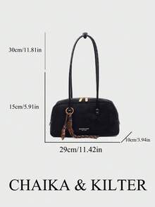 CHAIKA & KILTER 1 buah Tas Bahu Kain Suede Warna Solid, Tas Bowling Kapasitas Besar Gaya Retro Wanita, Desain Pegangan Ganda dengan Penutup Resleting, Cocok untuk Penggunaan Sehari-hari dan Luar Ruangan (Dijual dengan Liontin) - Hitam - View 3