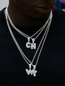 1 pieza Colgante de lujo de circonita cúbica plateada con collar de acero inoxidable, adecuado para uso diario de hombres y mujeres, collar con diseño de letra para parejas, regalo del Día de San Valentín