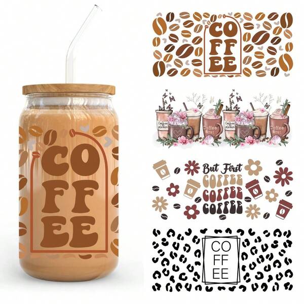Coffee Beans Coffee First Coffee Please Latte Drinks But First Coffee UV Dtf Wraps For 16 Oz Glass Can Cup, Coffee Lover Uv Dtf Cup Wraps For Glass Cup Bottle Tumbler Mug, Waterproof Uvdtf Cup Wraps For Laptop Diy Craft Decorations, Uv Dtf Decals Water Bottle Stickers