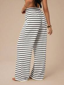 女士秋季前系带条纹简约休闲裤，女士长裤，日常穿着风格 - 彩色 - 查看 5