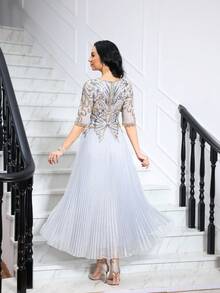 JINLICX Luxury Light Grey Crystal Beaded Floral Embroidered Pleated Banquet Evening Gown - Silver - View 9