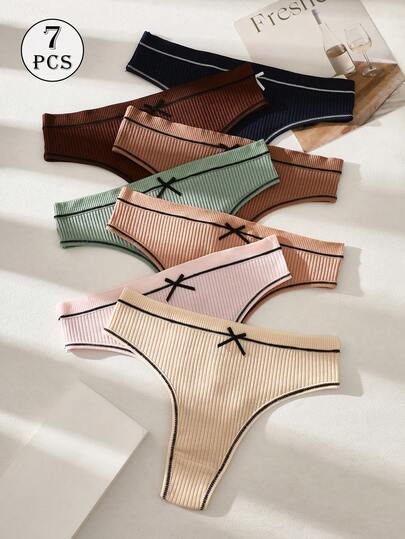 7pcs Women's Thong Panties With Bow Decor, Sexy G-String, Soft & Breathable Lingerie