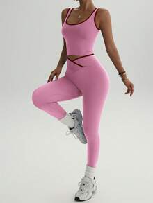 女士高腰瑜伽健身套装 - 拼色运动上衣和紧身裤，弹性涤纶混纺，非常适合跑步和训练 - 粉色 - 查看 4