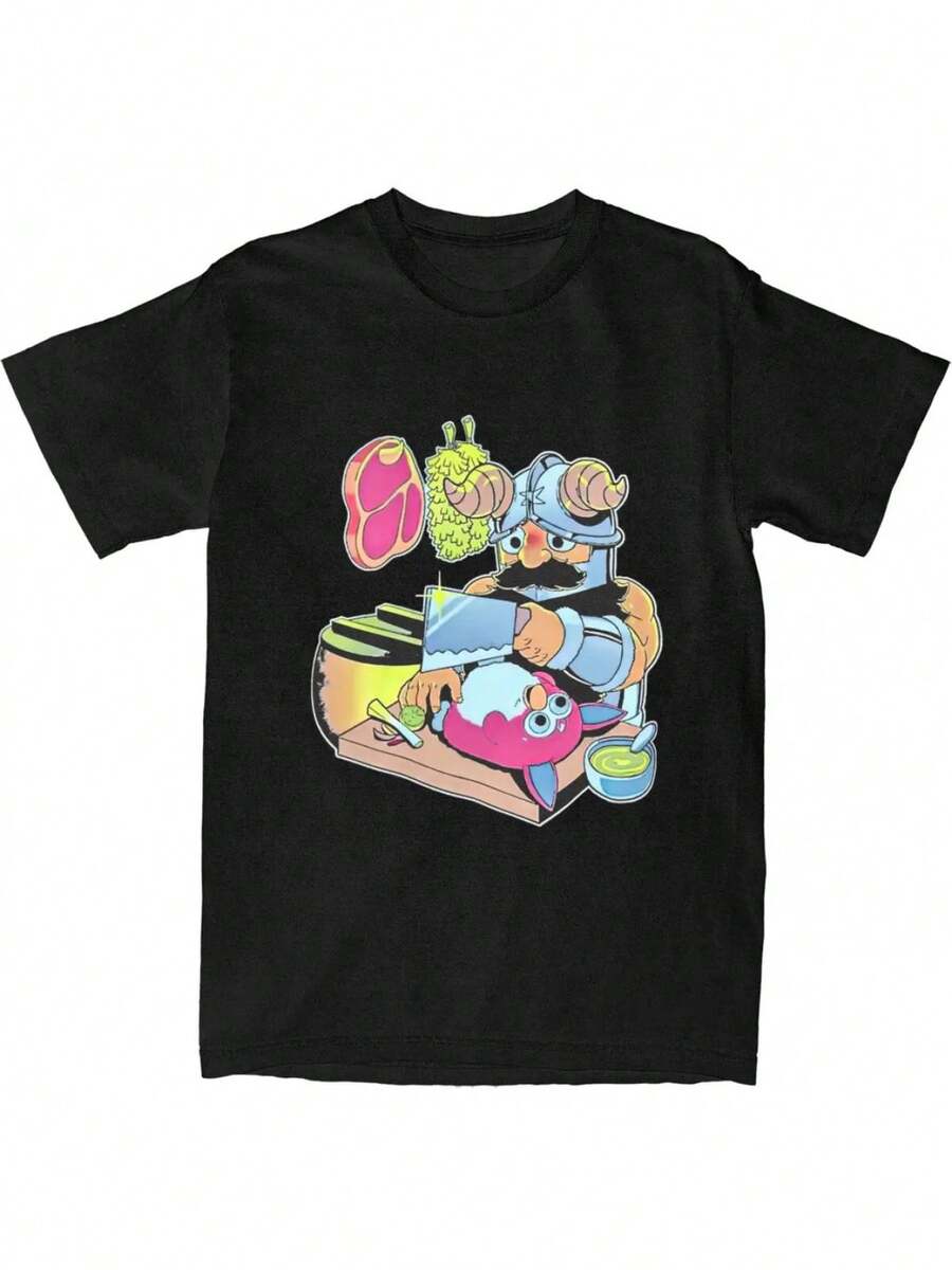 Senshi-Dungeon Meshi Anime T-Shirt For Adults - Delicious In Dungeon Y2K Harajuku Graphic Tee With Vibrant Food & Character Print, Black Cotton Short Sleeve Round Neck Top, Regular Fit Casual Wear, Allseason Tshirt | Vibrant Graphic Tee | Cotton Comfort Wear, Anime Clothes - 黑色 - 查看 1