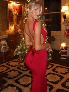 New Women's Fashion Suspender Sexy Backless Bow Slim Hip-Pack Dress For Women - 紅色 - 查看 1